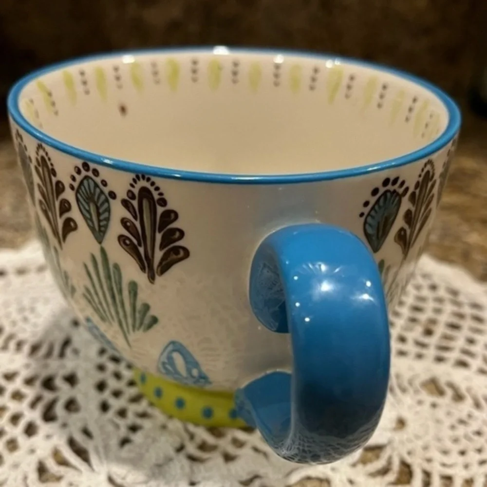 Pier 1 Imports Blue Peacock Hand Painted Stoneware Mug